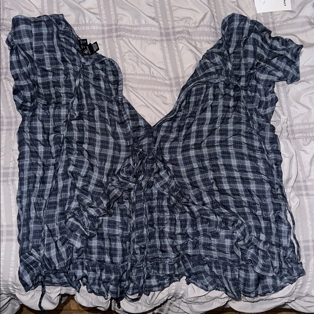 Volcom Navy Plaid Ruffle Blouse - Picture 2 of 3